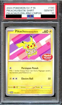PSA 10 Pikachu Berkemeja Batik 190/SV-P Indonesia Journey Promo Pokemon Card P - Image 1