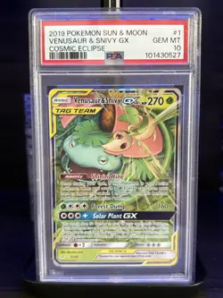 2019 POKEMON SUN & MOON VENUSAUR & SNIVY GX COSMIC ECLIPSE PSA #1 GEM MT 10 - Image 1