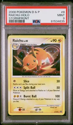 PSA 9 MINT Raichu 8/100 Cosmos Holo Rare 2008 Pokemon D&P Stormfront Low Pop - Image 1