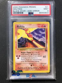 2000 Pokemon Black Star Promo Aoki Error #21 Moltres PSA 9 MINT - Image 1