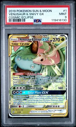 2019 POKEMON SUN & MOON COSMIC ECLIPSE #1 VENUSAUR & SNIVY GX PSA 9 - Image 1