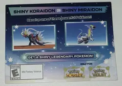 POKEMON SCARLET / VIOLET - SHINY MIRAIDON OR SHINY KORAIDON SERIAL CODE IN HAND - Image 1