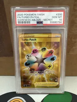 Turbo Patch Secret Rare PSA 10 - Darkness Ablaze Gold Pokemon Card - Image 1