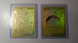 Pikachu v Gold and Pokeball SWSH145/SWSH146 Pokemon TCG Celebrations SLEEVED - Image 1