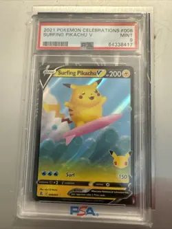 Pokemon TCG Surfing Pikachu V Holo Rare Card 008/025 Celebrations 2021 PSA 9 - Image 1