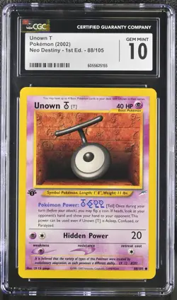 CGC 10 GEM MINT Unown T Neo Destiny 1st Edition 88/105 Pokemon Card - Image 1