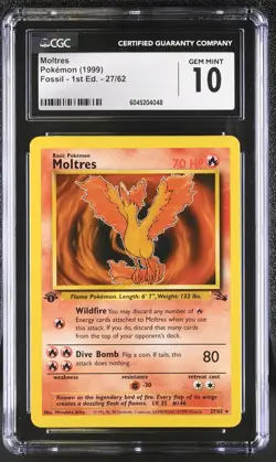 CGC 10 GEM MINT Moltres 1999 Fossil 1st Edition 27/62 Pokemon Card - Image 1