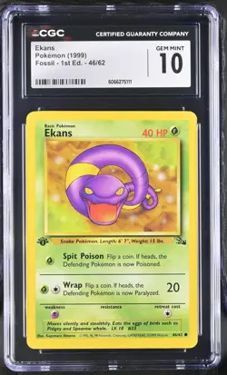 CGC 10 GEM MINT Ekans 1999 Fossil 1st Edition 46/62 Pokemon Card - Image 1
