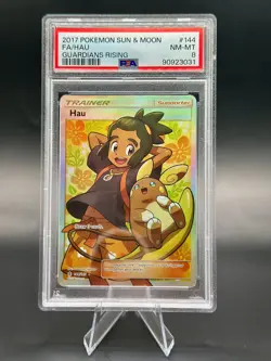 Pokemon Full Art Hau Trainer #144/145 SM Guardians Rising Card PSA 8 - Image 1