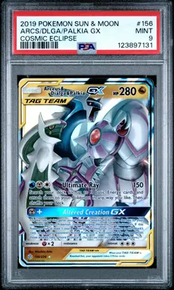 2019 POKEMON SUN & MOON COSMIC ECLIPSE #156 ARCEUS & DIALGA & PALKIA GX PSA 9 - Image 1