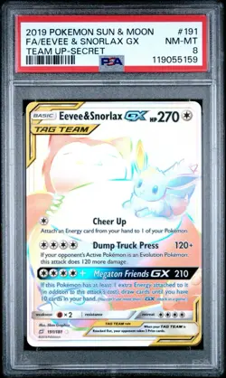 2019 Pokemon Team Up Eevee & Snorlax GX Tag Team FA 191/181 Secret Rare PSA 8 - Image 1