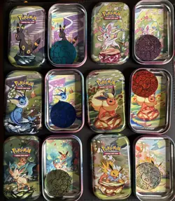 Full Set 8 EMPTY Pokemon PRISMATIC EVOLUTIONS Mini Tins & Eevee Coins (NO PACKS) - Image 1