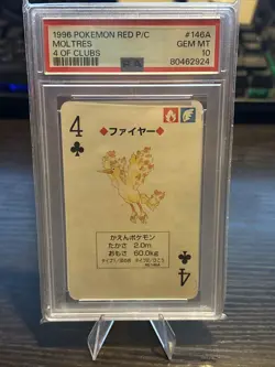 PSA 10 Moltres 1996 Red Back Poker Playing Card Pokemon Four 4 of Clubs 146 - Image 1