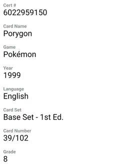 CGC 8 - Pokemon PORYGON - 1st EDITION Shadowless Base Set - 39/102 - Uncommon - Image 3
