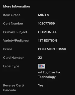 PSA 9 1999 POKEMON FOSSIL 22 HITMONLEE 1ST EDITION ENGLISH - Image 3