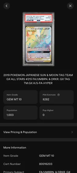 PSA 10 Umbreon Darkrai GX HR 215 & 181 2019 Tag Team Pokemon Card JP Sequential - Image 4