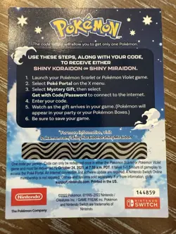 Shiny Koraidon Or Miraidon Pokemon Scarlet Violet Code Card - Unscratched - Image 2