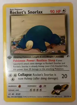 Pokemon 1st Edition Rocket's Snorlax 33/132 Gym Heroes Rare Vintage Card EX - Image 1