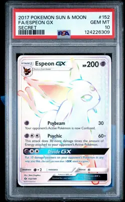 2017 Pokemon Sun & Moon FA Espeon GX #152 PSA 10 Secret Rare Card - Image 1