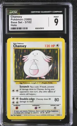 CGC 9 MINT Chansey 1999 Base Set 3/102 Holo Pokemon Card - Image 1