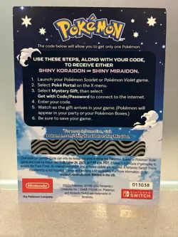 POKEMON SCARLET / VIOLET -SHINY MIRAIDON OR SHINY KORAIDON CODE CARD UNSCRATCHED - Image 2