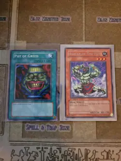 YUGIOH POT OF GREED SD4 COMMON 1ST ED VLP + AVATAR OF THE POT AST 1ST RARE NM - Image 1