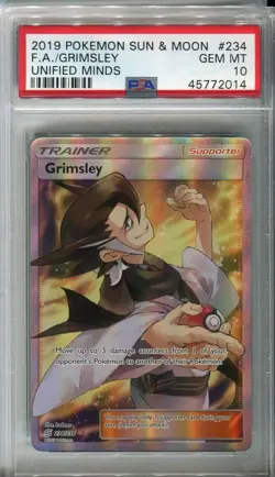 PSA 10 Grimsley 234 Trainer Full Art SM Unified Minds Pokemon Card 2019 - Image 1