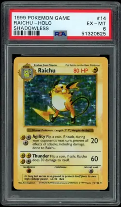 Pokemon card Base Set Shadowless Raichu Holo 14/102 PSA 6 EX-Mint - Image 1