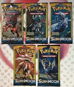 Pokemon Sun and Moon Base Set 3 Card Mini Booster Pack Complete Art Set Lot of 5 - Image 1