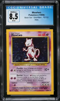 CGC 8.5 - 1999 Base Set Mewtwo 10/102 O/C ERROR Square Cut HOLO Base Set Pokemon - Image 1