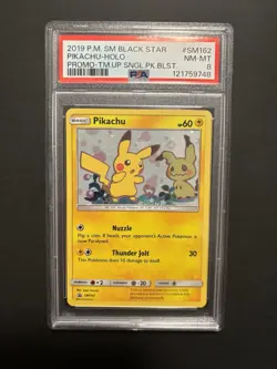 POKEMON TEAM UP SM BLACK STAR PROMO PIKACHU #SM162 HOLO PSA 8 NM SWIRL - Image 1