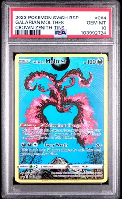 2023 POKEMON SWSH BLACK STAR PROMO CROWN ZENITH TIN #284 GALARIAN MOLTRES PSA 10 - Image 1