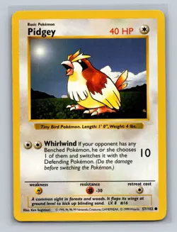 Pokemon Pidgey 57/102 WotC Base Set Shadowless Unlimited LP - Image 1