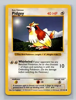 Pokemon Pidgey 57/102 WotC Base Set Shadowless Unlimited LP - Image 3