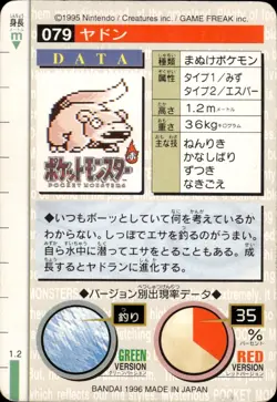 Slowpoke Carddass 1996 Vintage Pokemon Pocket Monsters Vending Card B46 HP - Image 2