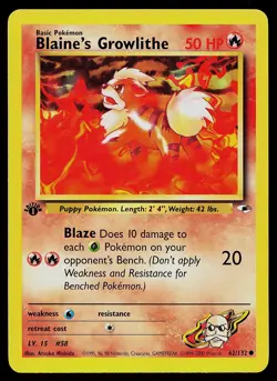 Pokemon Card - Blaine's Growlithe 1st Edition Gym Heroes 62/132 Common - Image 1
