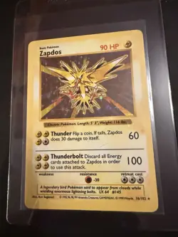Pokemon TCG Zapdos Base Set Holo Shadowless Rare Card 16/102 MP Condition - Image 1