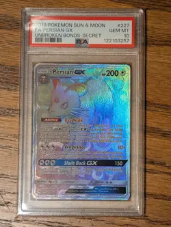Pokemon Card PSA 10 GEM MT - PERSIAN GX (Secret FA) #227 - 2019 Unbroken Bonds - Image 1