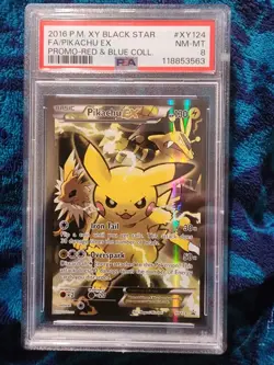 2016 Pokemon XY Black Star Promo Red & Blue PSA 8 Pikachu EX FULL ART Holo XY124 - Image 1