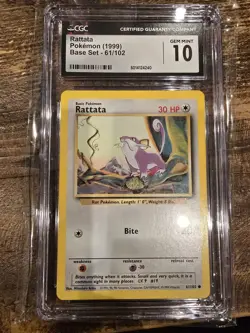 CGC 10 GEM MINT Rattata 61/102 Base Set Pokemon Card 187 Original Vintage - Image 1