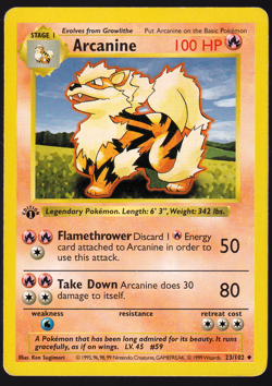 Arcanine 1st Edition Shadowless 23/102 Base Set 1999 Pokemon TCG Card MP - Image 1
