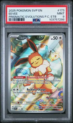 2025 POKEMON PRISMATIC EVOLUTIONS POKEMON CENTER ETB SVP PROMO #173 EEVEE PSA 9 - Image 1