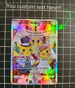 Pikachu Wedding Fan Made Pokemon Card, Customize Your Text, Full Art Holo - Image 1