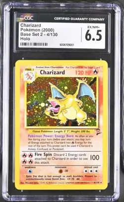 CGC 6.5 EX/NM+ Pokemon Base Set 2 4/130 Charizard Holo Card - US SELLER - Image 1