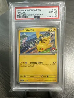 2024 POKEMON SVP EN-SV BLACK STAR PROMO WORLD CHAMPIONSHIPS #190 PIKACHU PSA 10 - Image 1