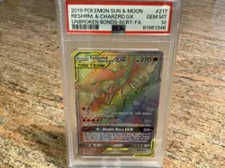 2019 Pokemon Sun & Moon Reshrm & Charizard GX Unbroken Bonds #217 PSA 10 GEM MT - Image 1