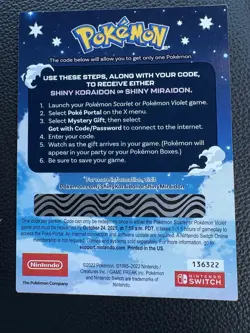 Pokemon Scarlet And Violet Serial Codes Shiny Koraidon or Miraidon UNSCRATCHED! - Image 1