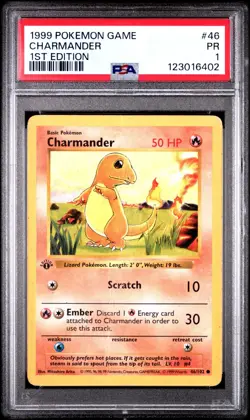 PSA 1 PR 1999 1st Edition Shadowless Base Set Charmander 46/102 WOTC Pokemon - Image 1