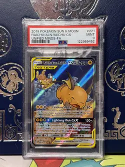 2019 Pokemon S&M Unified Minds Raichu/Alolan Raichu Gx 221/236 Full Art PSA 9 - Image 1