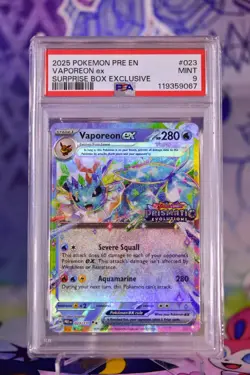 Pokemon TCG Prismatic Evolutions Vaporeon EX Stamped Promo Card 023/131 PSA 9 - Image 1